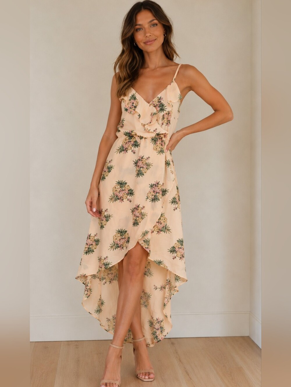 Flying Tomato Peach Floral High-Low Ruffle Maxi Dress